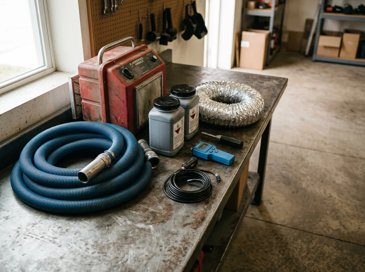 Professional HVAC and air duct cleaning equipment and tools arranged on a clean work surface, representing the trade expertise of an air quality service company.