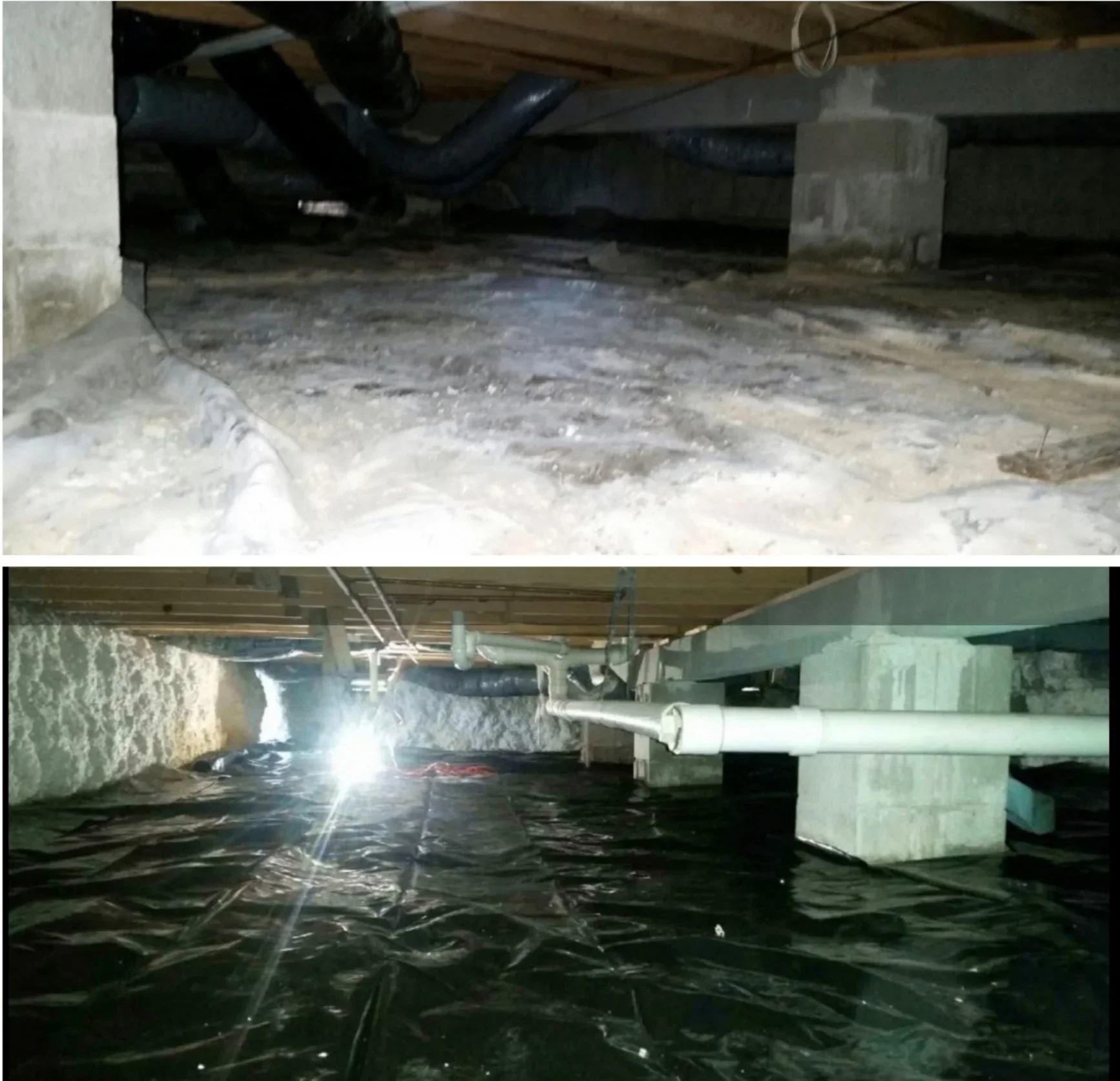 Crawl space with black vapor barrier, white PVC drainage pipes, and concrete support posts