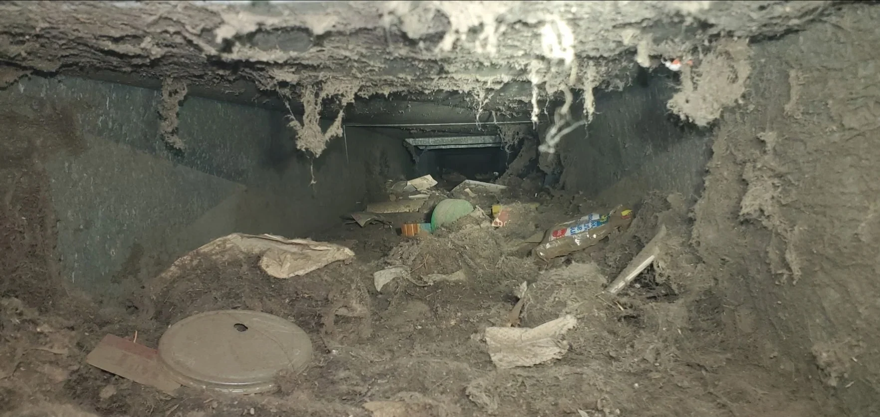 Cluttered basement crawlspace with concrete foundation, debris, and moisture damage visible on walls and ceiling