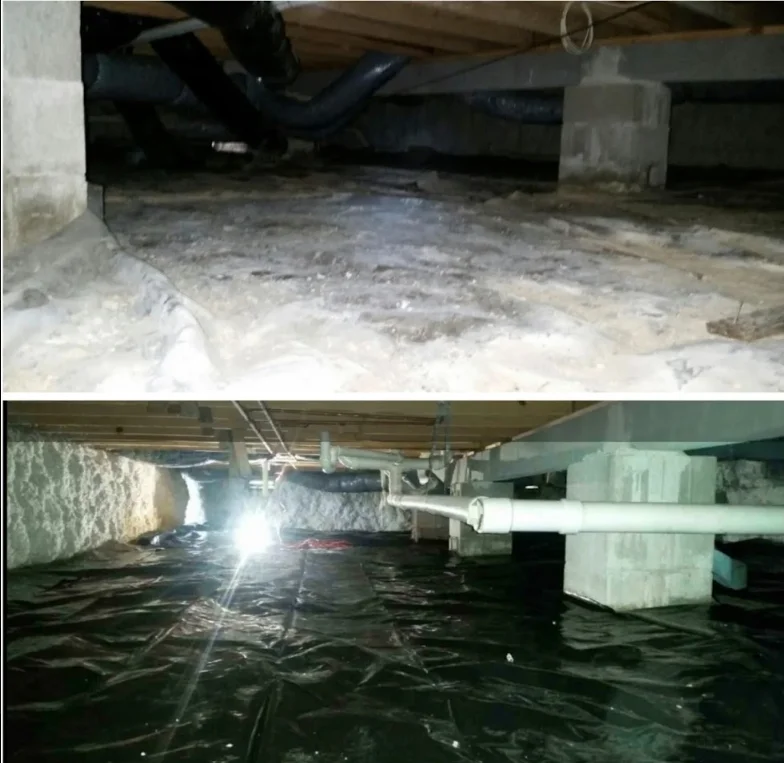 Crawl space with black vapor barrier, concrete support posts, and HVAC ductwork installed