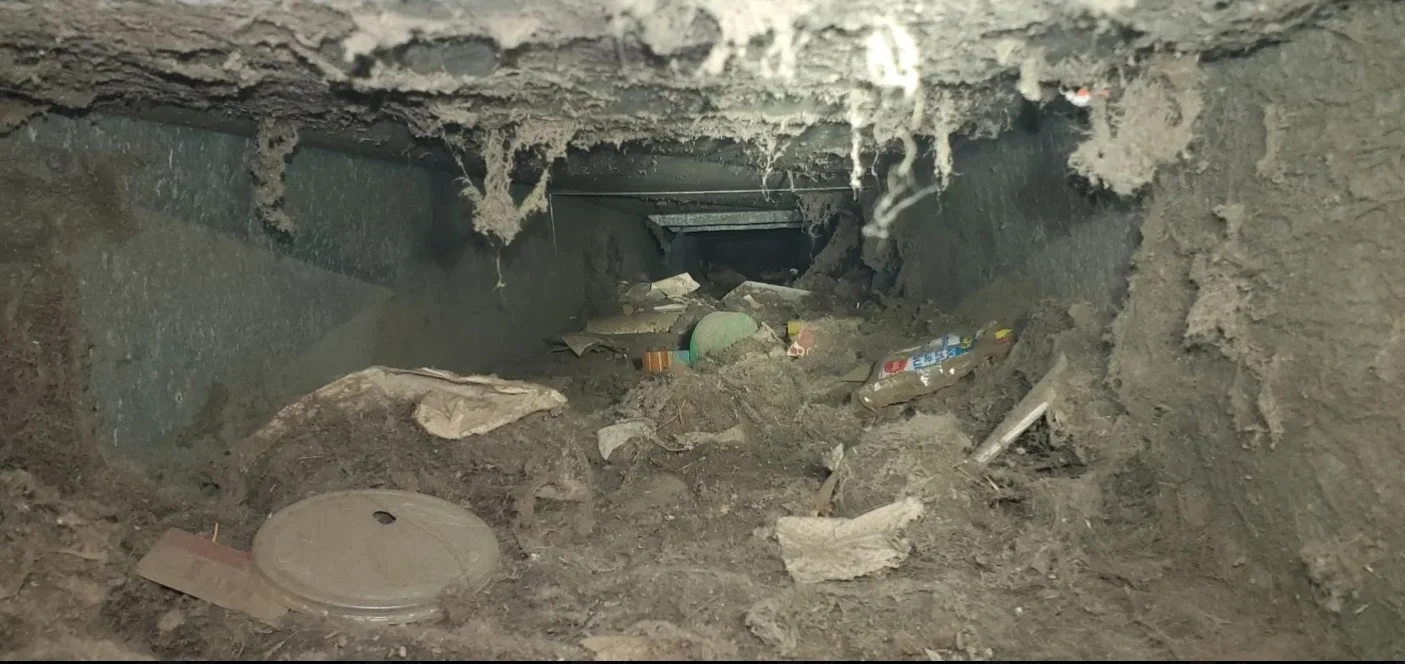 Crawlspace with debris, deteriorated insulation, and exposed structural elements requiring cleanup