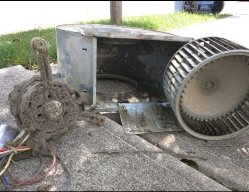 HVAC blower wheel and housing during cleaning, showing disassembled furnace components and debris removal
