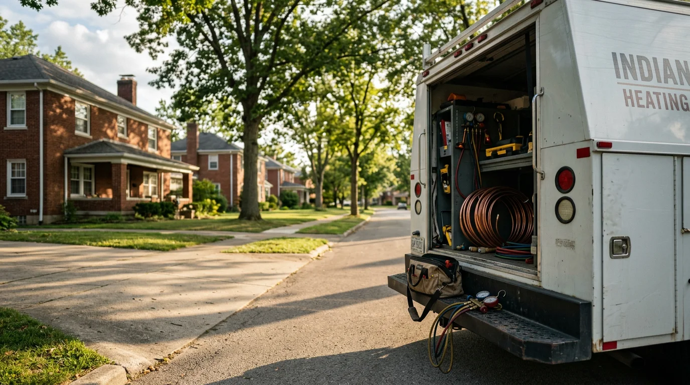 Professional team working on a residential property in an Indianapolis neighborhood, with mature trees and brick homes visible in the background.