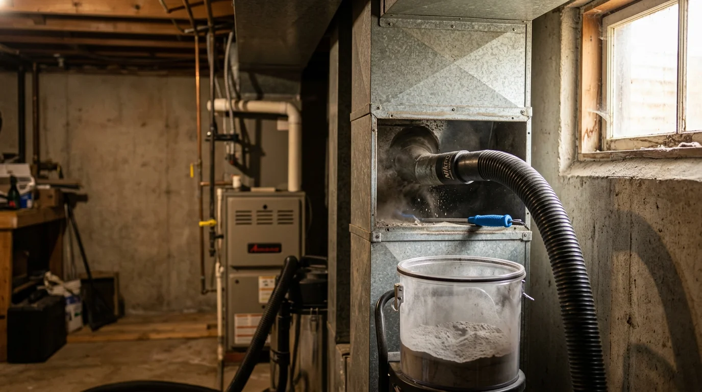 A Fresh Air Solutions and Tech LLC technician using a high-powered vacuum and agitation tool to clean interior ductwork in an Indianapolis home. The image shows a supply duct register removed from a wall with visible dust and debris extraction in progress.