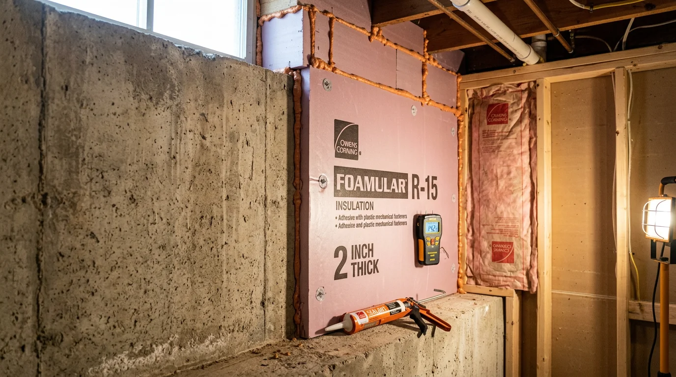 A finished Indianapolis basement wall with newly installed insulation covering the concrete foundation from floor to rim joist. The space is clean, dry, and prepared for conditioned use in a Marion County home.