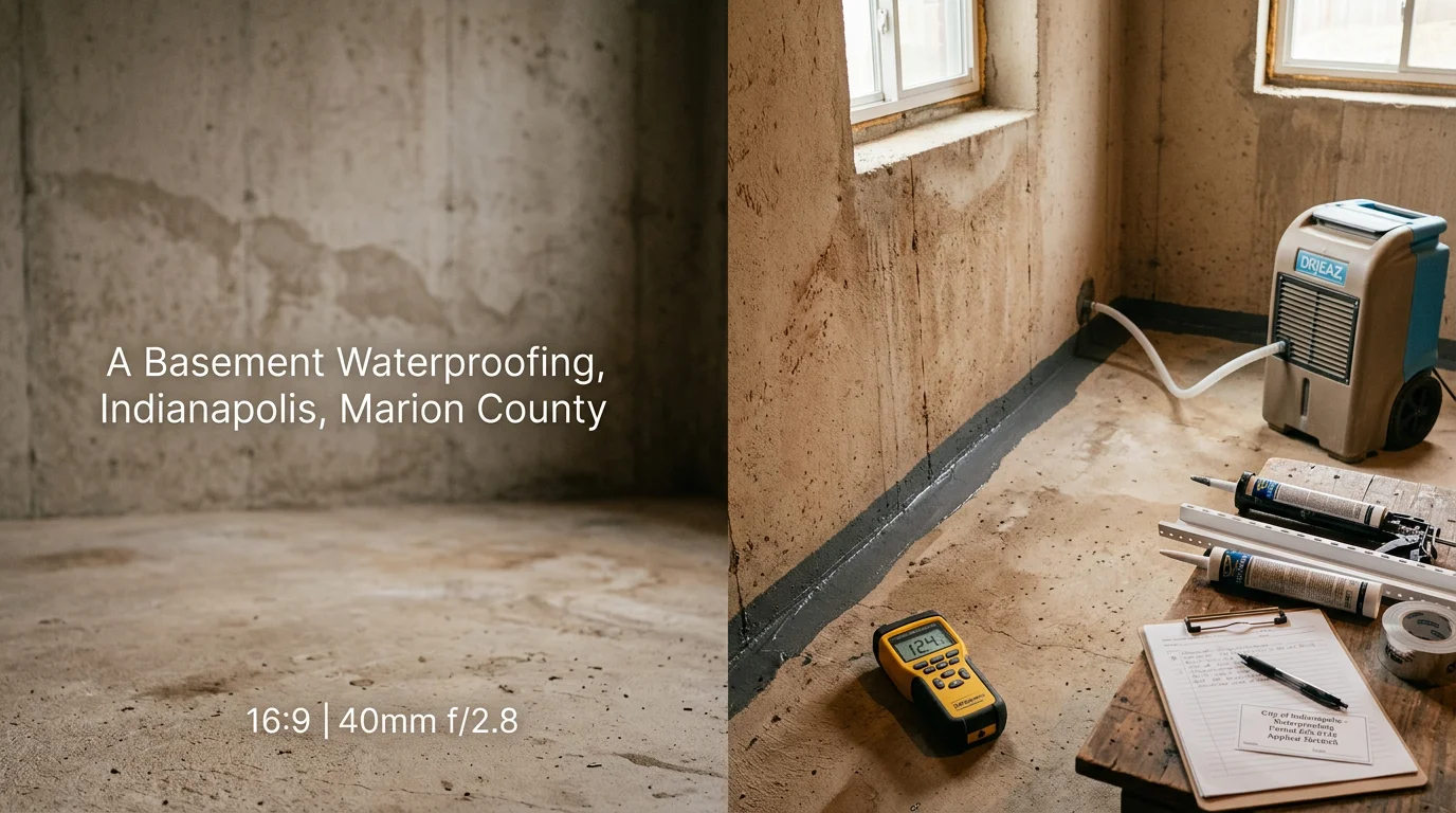A dry, clean Indianapolis basement interior showing sealed concrete walls and a clear floor after professional waterproofing service. No visible moisture, staining, or efflorescence on the foundation walls.