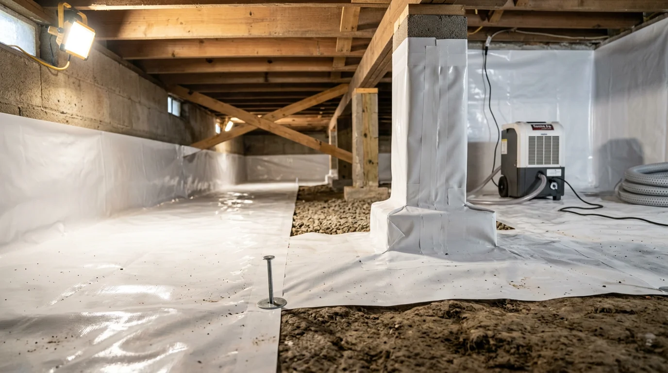 A sealed Indianapolis crawl space with a heavy vapor barrier covering the soil floor and foundation walls, showing clean, dry conditions beneath a residential home. The encapsulated space reflects the completed mold removal and moisture control work performed by Fresh Air Solutions and Tech LLC.