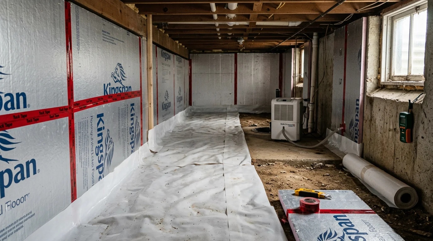 A clean, insulated crawl space beneath an Indianapolis home, showing insulation installed along the foundation walls and rim joists with no visible moisture damage or sagging material. The space is dry and well-prepared, reflecting completed crawl space insulation work by Fresh Air Solutions and Tech LLC.