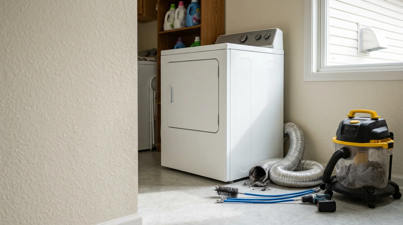 A technician from Fresh Air Solutions and Tech LLC clearing lint buildup from a residential dryer vent duct in an Indianapolis home. The exterior wall cap is visible in the background with restored airflow after the cleaning.