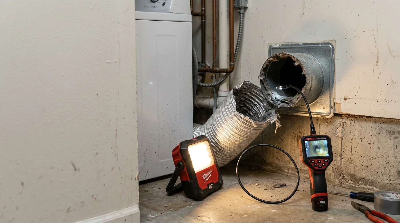 A technician from Fresh Air Solutions and Tech LLC inspecting a residential dryer vent duct connection in an Indianapolis home laundry room. The image shows the flexible transition duct and wall vent opening being examined for lint buildup and proper connection.
