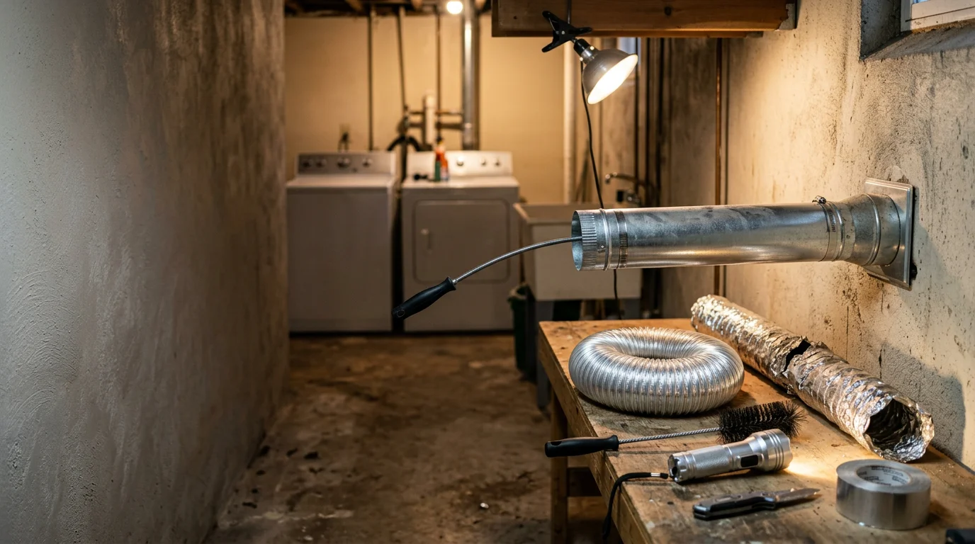 A technician from Fresh Air Solutions and Tech LLC inspecting a repaired rigid metal dryer vent duct connection in an Indianapolis home laundry room. The duct runs from the back of the dryer toward the exterior wall with sealed joints and no visible gaps or kinks.