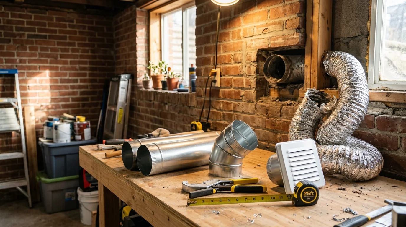 A technician from Fresh Air Solutions and Tech LLC installs rigid metal dryer vent ducting in an Indianapolis home laundry room, connecting the duct run to a sealed exterior wall termination. The completed installation shows a straight, properly supported duct replacing a damaged foil flex vent.