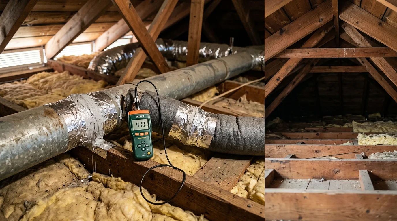 An HVAC technician sealing a disconnected duct joint in the basement of an Indianapolis home. The repaired section shows fresh sealant applied around the duct connection where air loss was found during inspection.