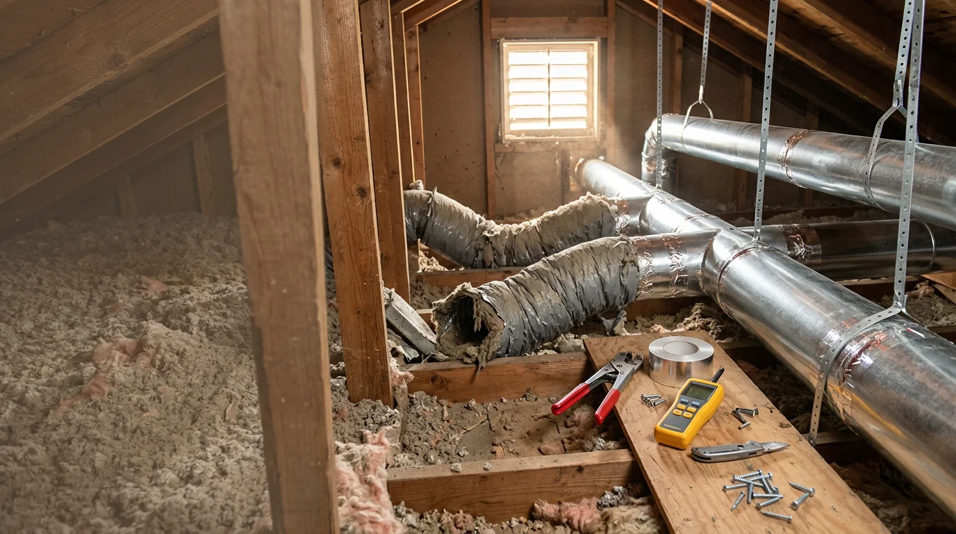 An HVAC technician installing new sheet metal ductwork in the basement of an older Indianapolis home. The image shows clean, properly connected duct runs replacing deteriorated sections tied to a central air handler.