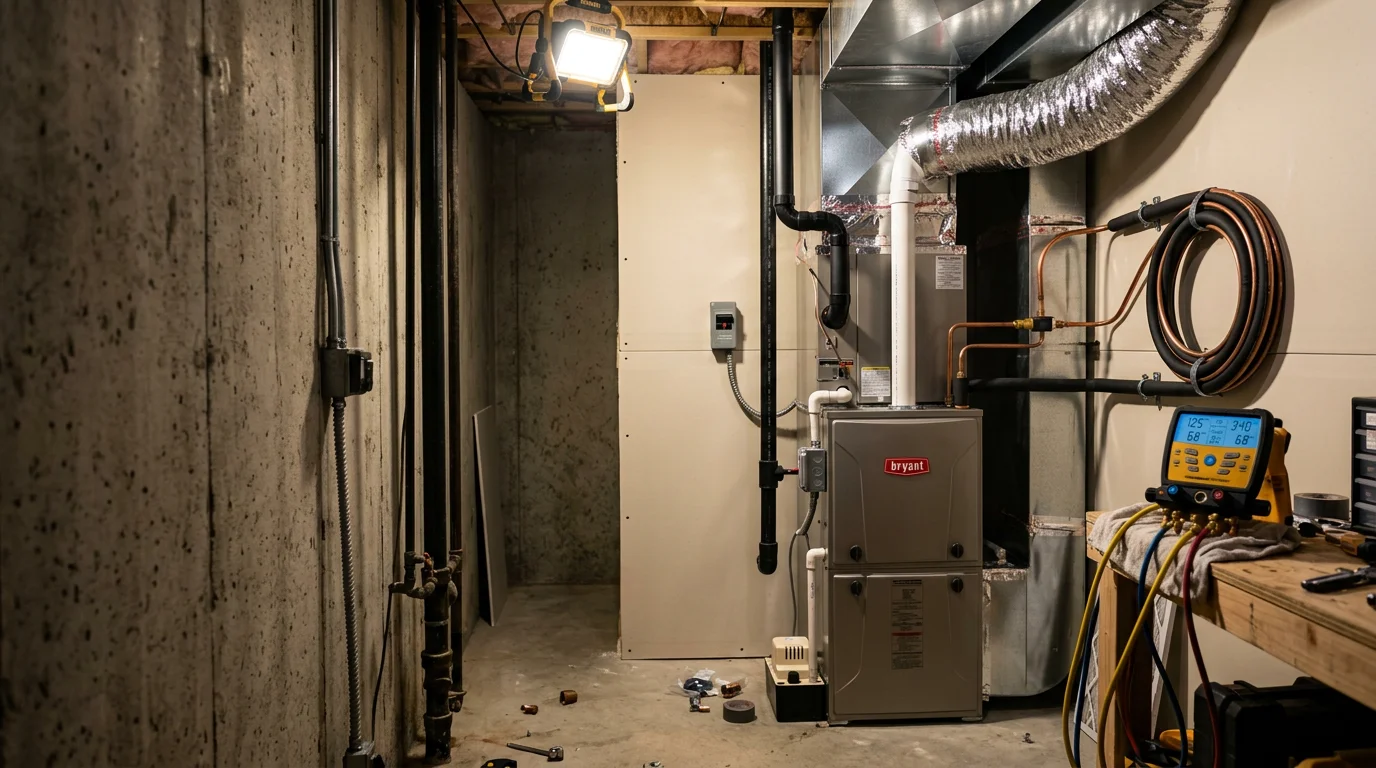 A newly installed HVAC outdoor condenser unit positioned beside an Indianapolis residential home, with clean refrigerant line sets running along the exterior wall. The installation shows proper clearance and secure mounting consistent with Marion County code requirements.