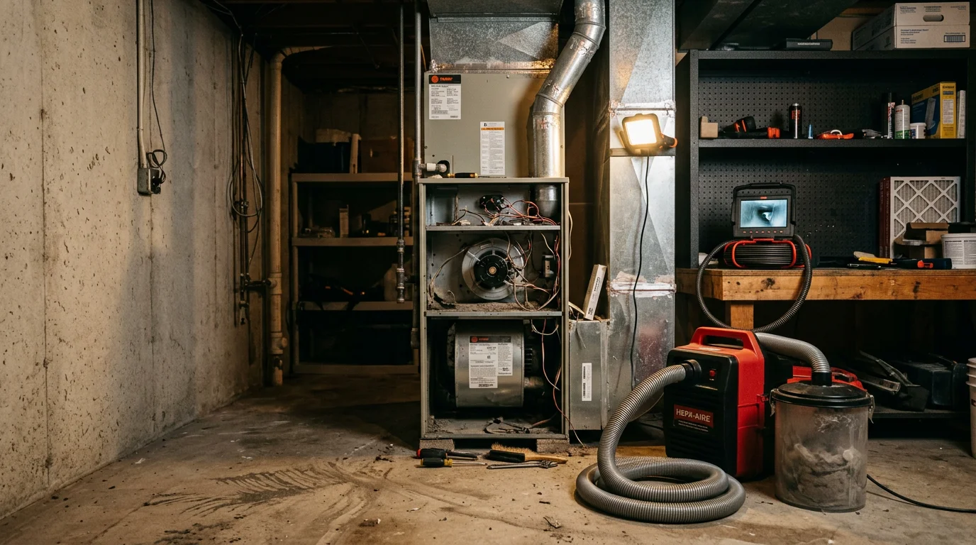 An HVAC technician from Fresh Air Solutions and Tech LLC cleaning interior ductwork in an Indianapolis home, with a commercial vacuum hose connected to an open supply duct register. Dust and debris are visible on the duct interior before cleaning.