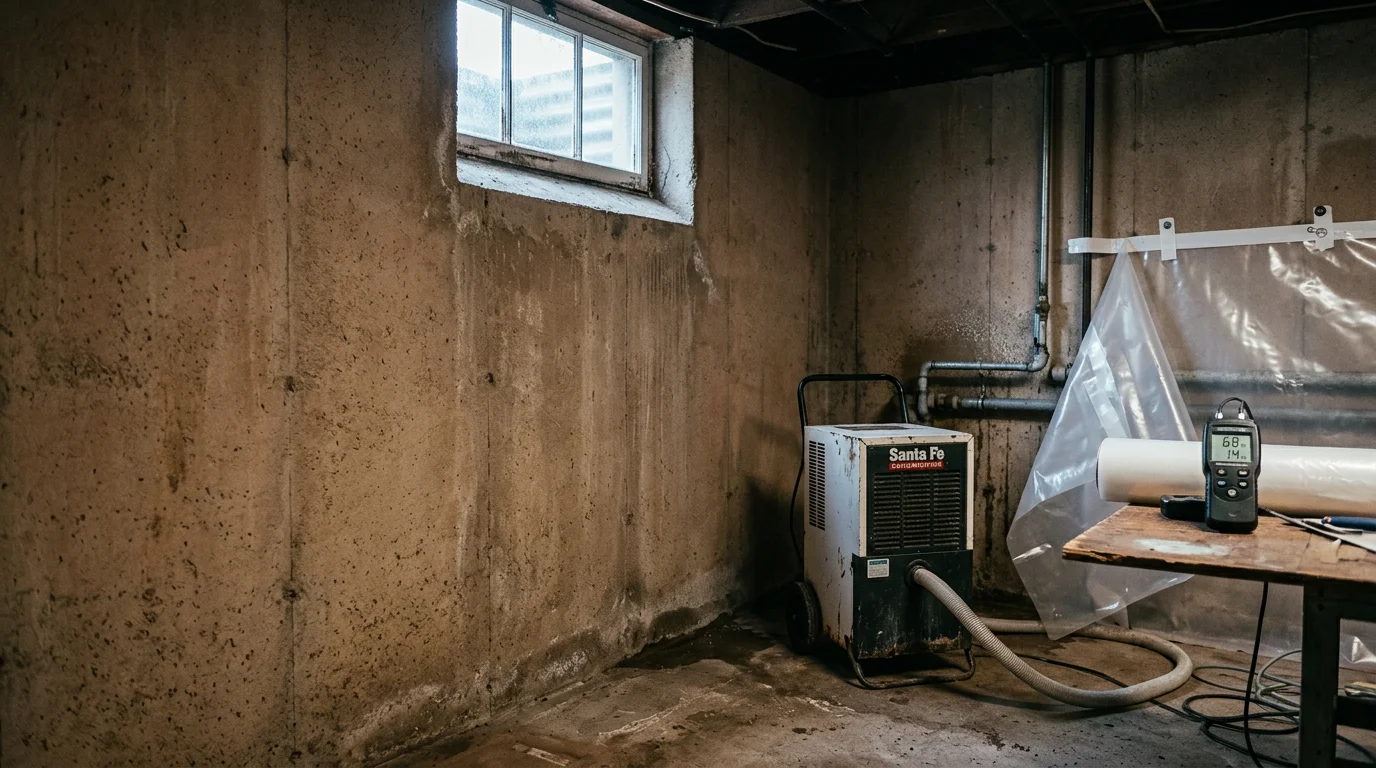 A dry, treated basement crawl space in an Indianapolis home showing sealed foundation walls and a clean concrete floor after moisture control service. A technician from Fresh Air Solutions and Tech LLC inspects the space for remaining signs of humidity or mold activity.