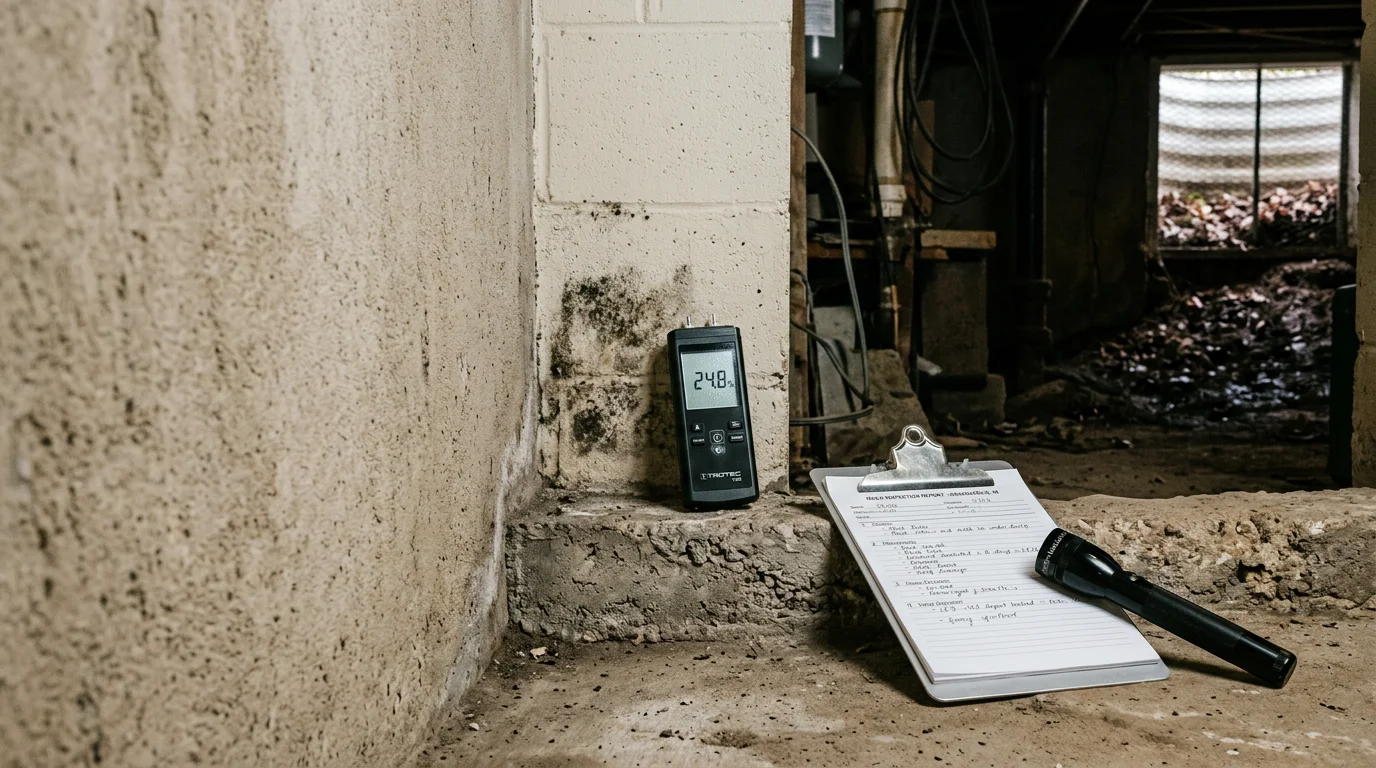 A mold inspector using a moisture meter on a basement wall in an Indianapolis home, with visible discoloration on the concrete block foundation. The inspection targets a common problem area in older Marion County properties where clay soil holds moisture against the foundation.