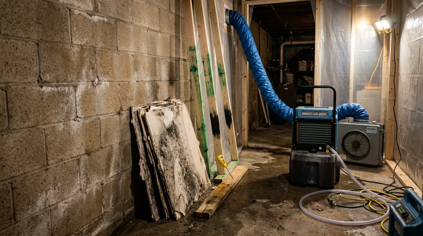 A mold remediation technician in protective gear treating mold-affected wood framing inside an Indianapolis home basement. Containment plastic is visible in the background, with work lights illuminating the remediated structural surfaces.