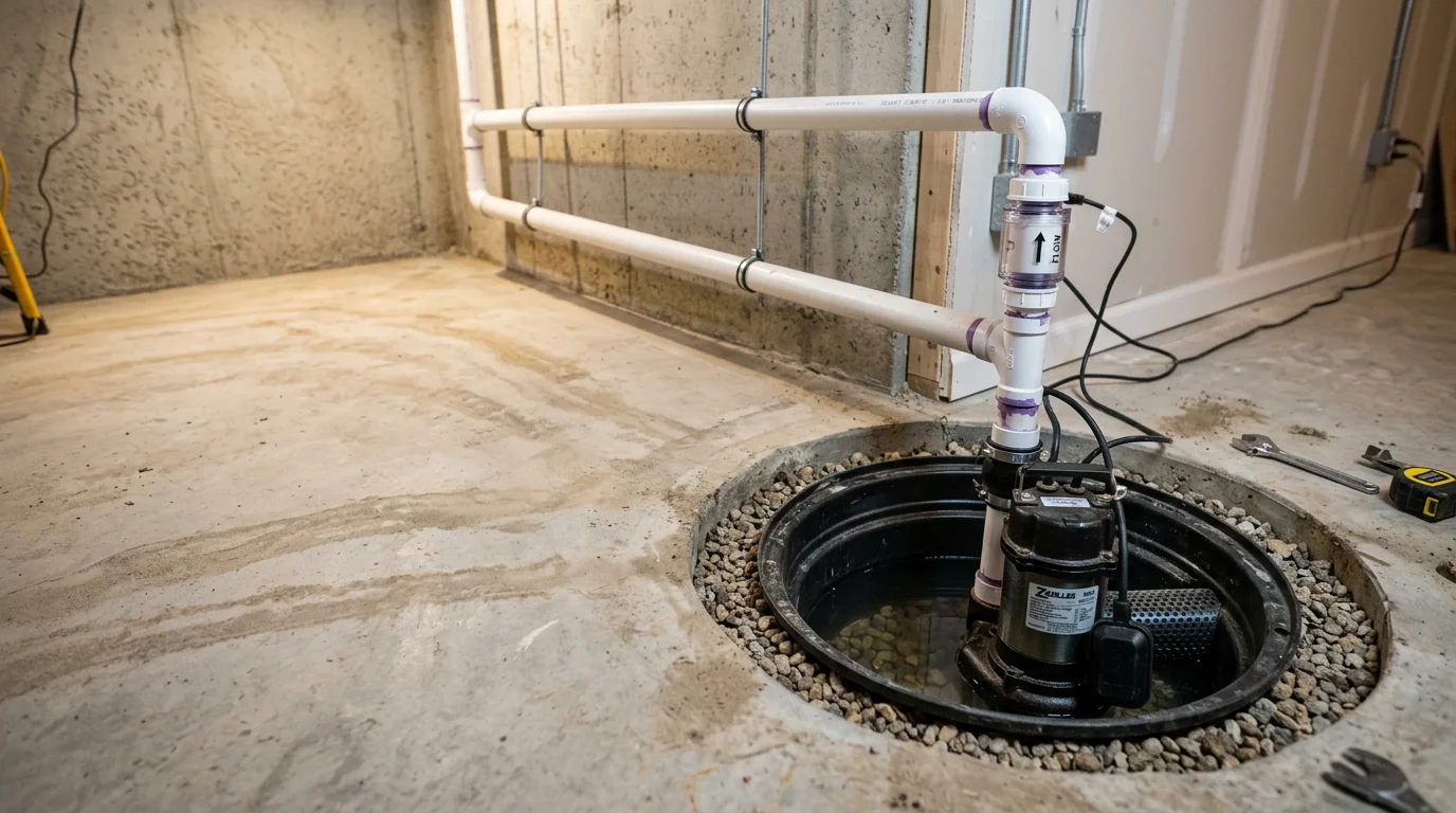 A newly installed submersible sump pump sitting inside a concrete pit in an Indianapolis basement, with a white PVC discharge line routed up the wall and through the foundation. The surrounding basement floor is clean and dry, showing no signs of water intrusion or staining.