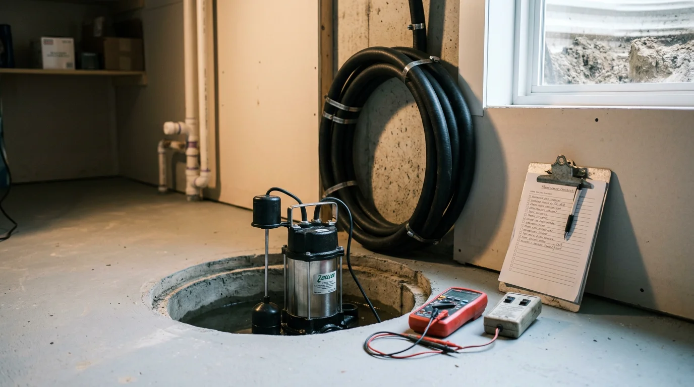 A sump pump pit in an Indianapolis basement being inspected by a technician, with a clear discharge line and dry concrete floor visible around the basin. The setting reflects a typical Marion County home with a poured concrete foundation.