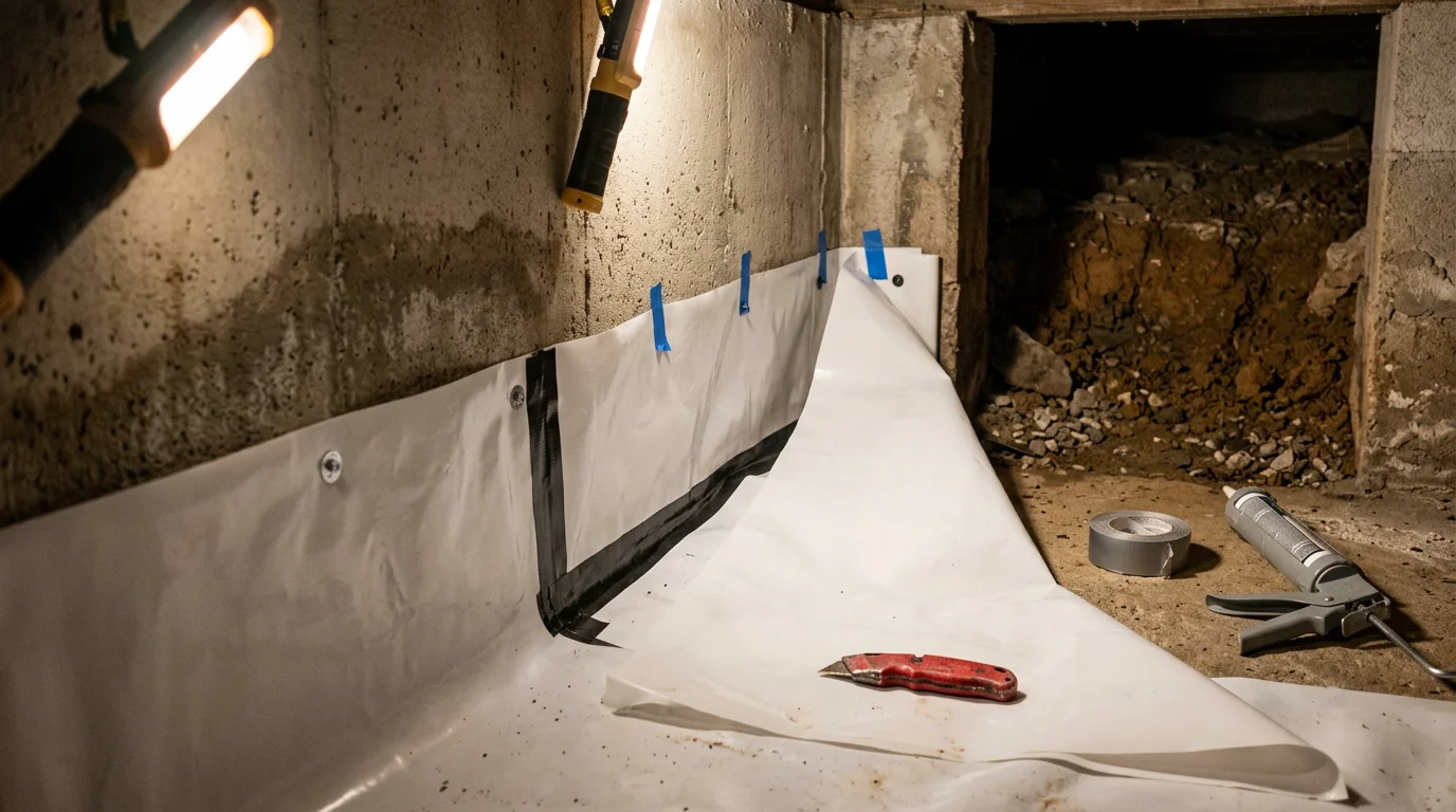 A freshly installed polyethylene vapor barrier covering the floor and lower foundation walls of an Indianapolis home crawl space. The sealed surface is smooth and white, with no visible moisture, debris, or mold present.